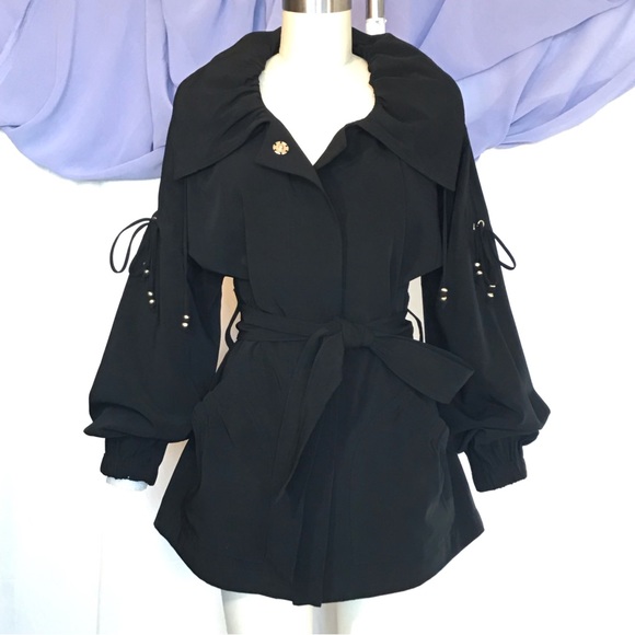 St. John SoCa Black belted parka metallic accents oversized collar size small - Picture 8 of 13